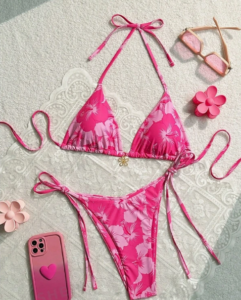 Floral Tie Neck Bikini Sexy Split Swimsuit Women Three Point Bikini Swimsuit Bella Mia